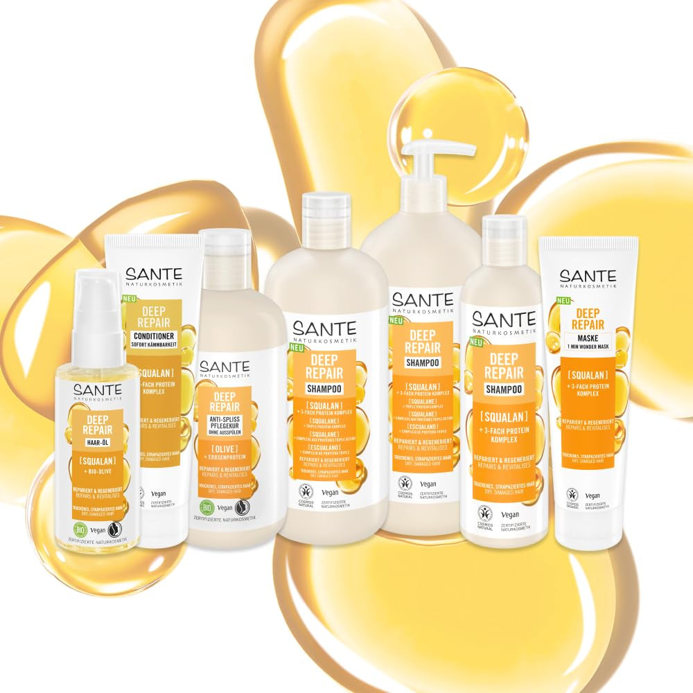 SANTE Natural Cosmetics Deep Repair Mask Squalane + 3x proteinový komplex, veganská maska na vlasy pro intenzivní hydrataci a pružné vlasy, opravuje a regeneruje poškozené vlasy, 150 ml Naty Shop Hair Mask