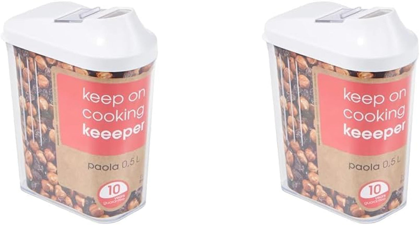 zásobník na nalévání suchých zásob, plynule nastavitelné víko dávkování, plast, 500 ml, 8 x 4,5 x 15 cm, Paola, bílé Naty Shop dózy na potraviny 500 ml (2 balení)