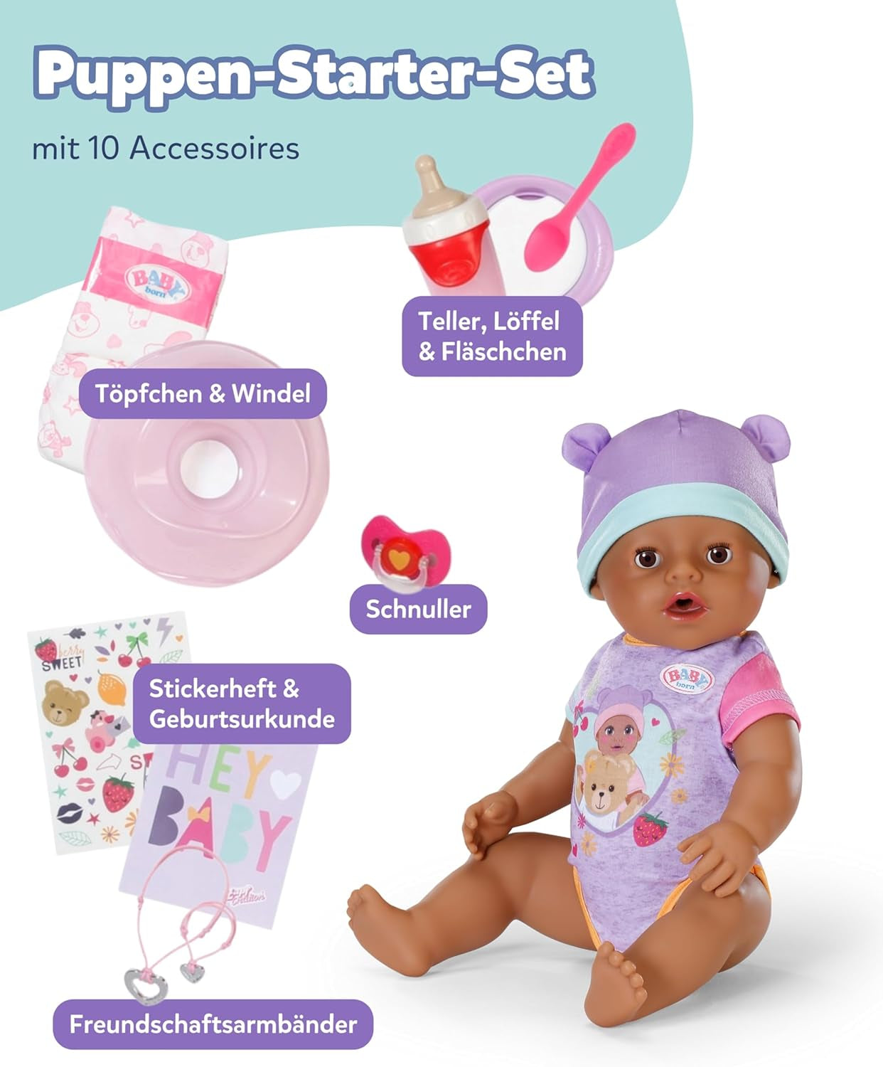 BABY Born Eva - panenka 43 cm - 10 funkcí včetně příslušenství a matrace - Plně funguje bez baterií - Vhodné pro děti od 3 let