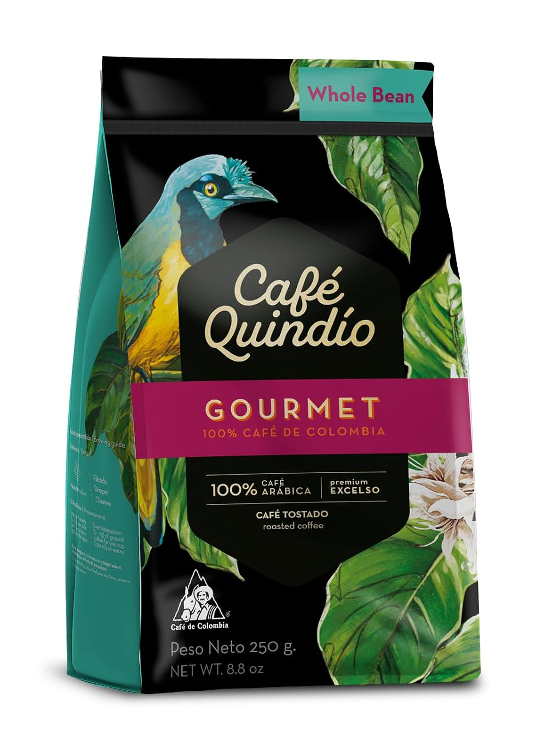 Cafe Quindio Gourmet - Speciální káva - 100% kávová zrna Arabica, Kolumbie, 250 g - ideální pro portafiltrační stroje, plně automatické stroje, filtrovanou kávu nebo French press