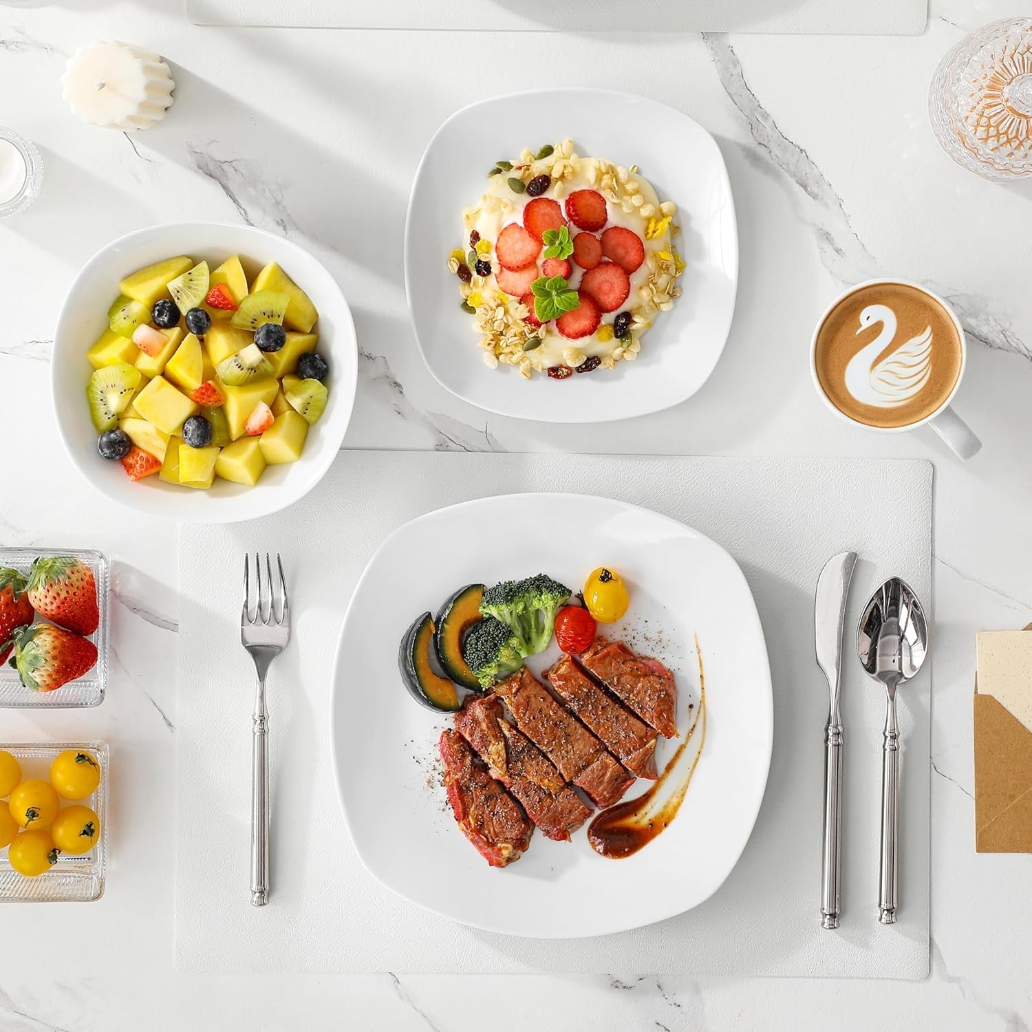 Sada nádobí MALACASA pro 4, 16dílné bílé porcelánové nádobí, moderní sada nádobí se 4 talíři, dezertními talíři, talíři a šálky Suma, řada ELISA