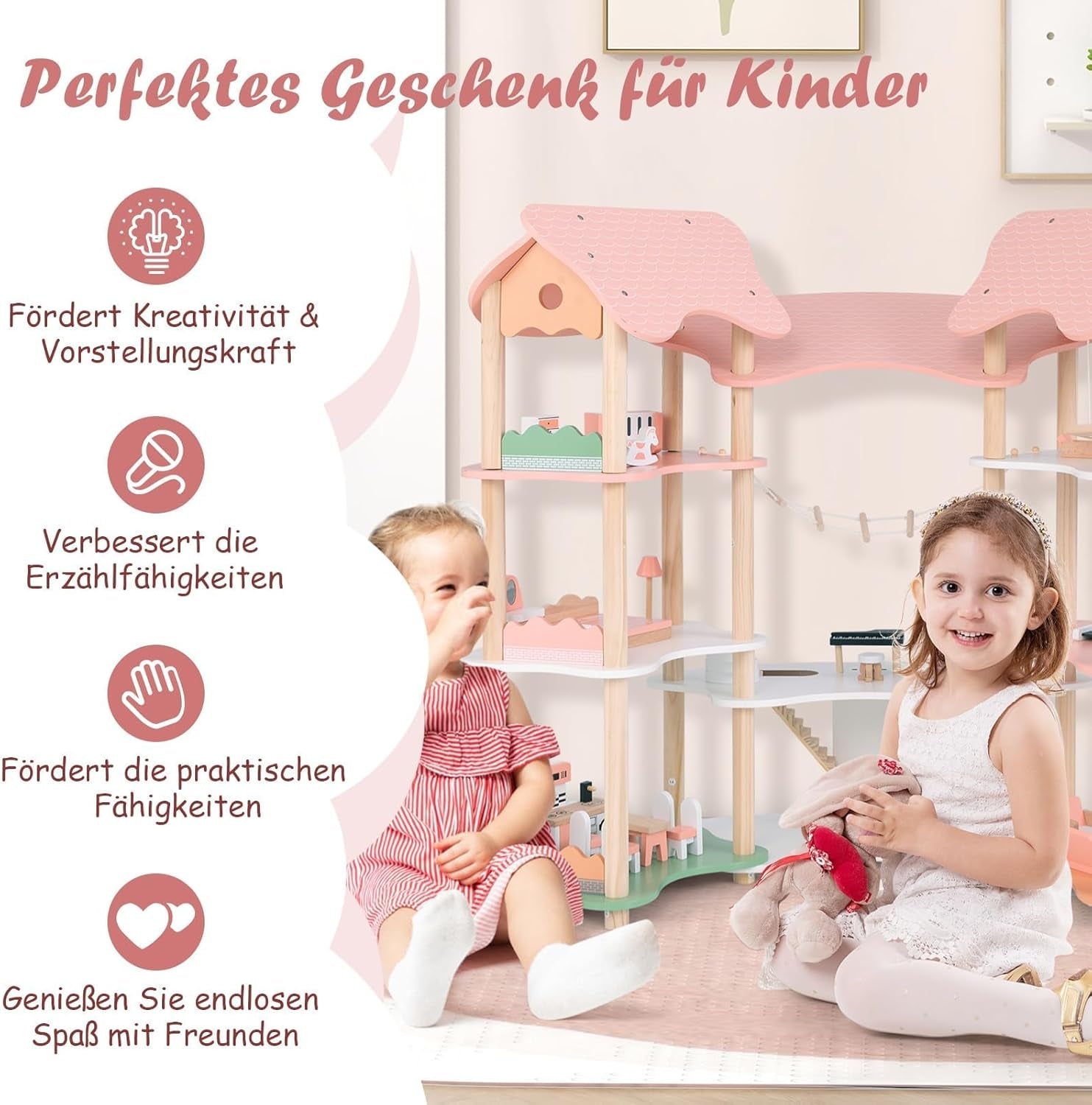 FANTASK Dřevěný domeček pro panenky, výška 85 cm, 7pokojový domeček pro panenky s 32 nábytkem a doplňky, domeček pro panenky s provazovým žebříkem, domeček pro panenky dárek pro 3leté holčičky (model 3) Naty Shop domečky pro panenky