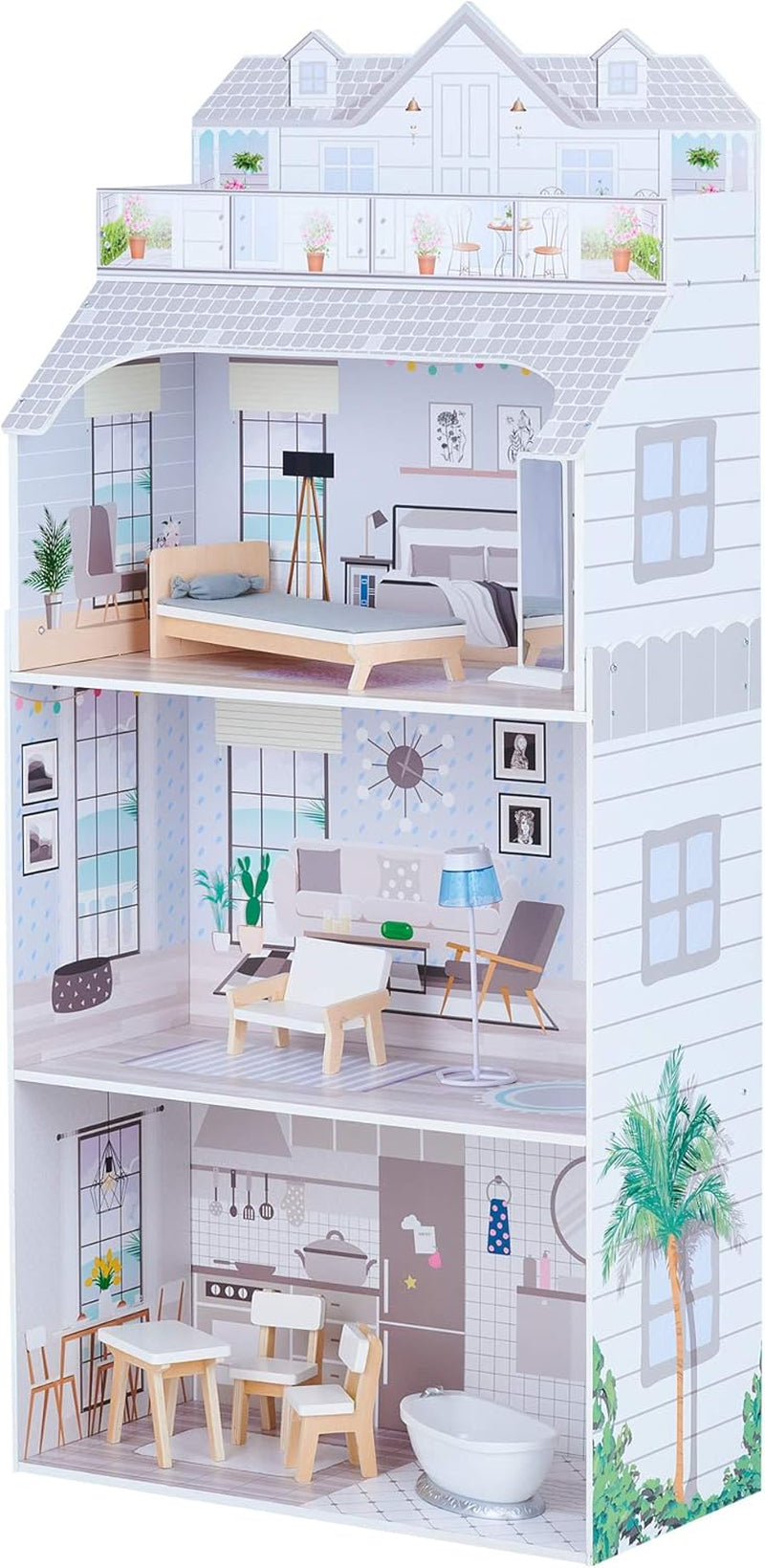 Obří domeček pro panenky Teamson Kids Olivia's Little World s nábytkem a doplňky, dřevěný domeček pro panenky, 3patrová herní sada pro panenky 30 cm, věk 3+