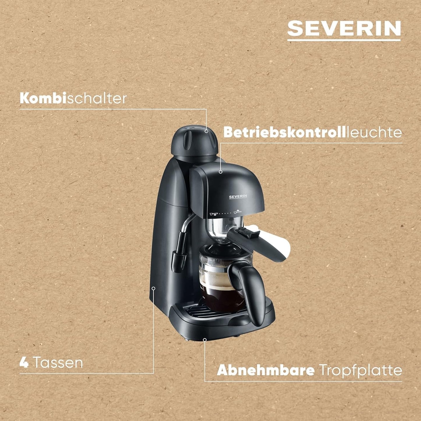 Kávovar na espresso SEVERIN KA 5978 (obsahuje servírovací misku a odměrku, až 4 šálky) černý, standardní