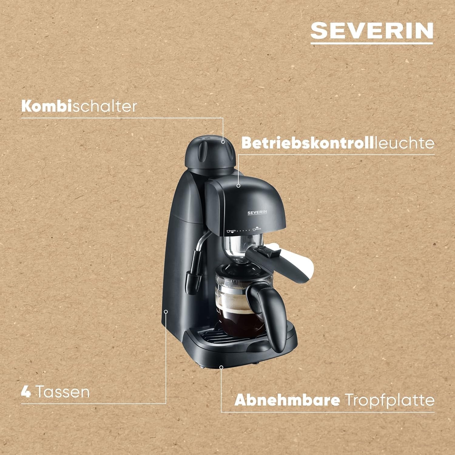 Kávovar na espresso SEVERIN KA 5978 (obsahuje servírovací misku a odměrku, až 4 šálky) černý, standardní