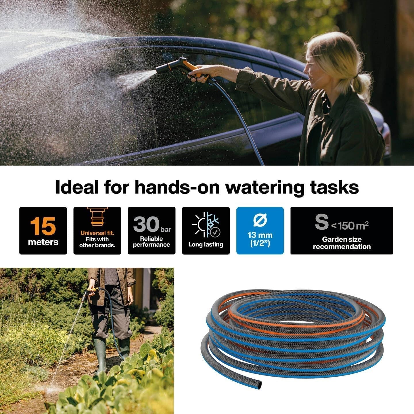 Fiskars S zahradní hadice, řada X, vodní hadice pro ruční zavlažování, 13 mm (1/2"), délka: 15 m, univerzální připojení, UV ochrana, ochrana proti mrazu, odolná proti kroucení, modrá, 1076044