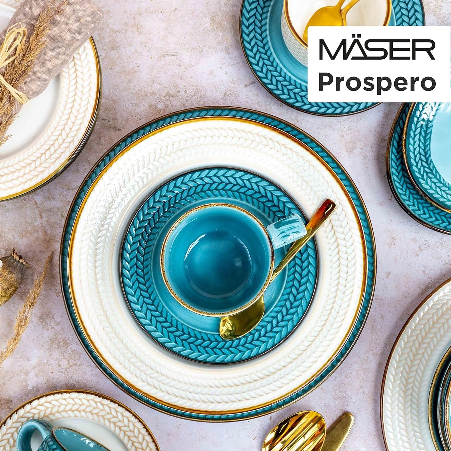 Kávový set Prospero Premium pro 4 osoby, kvalita restaurace, 12dílný moderní kávový servis v jedinečném stylu vintage, odolný porcelán, modrá