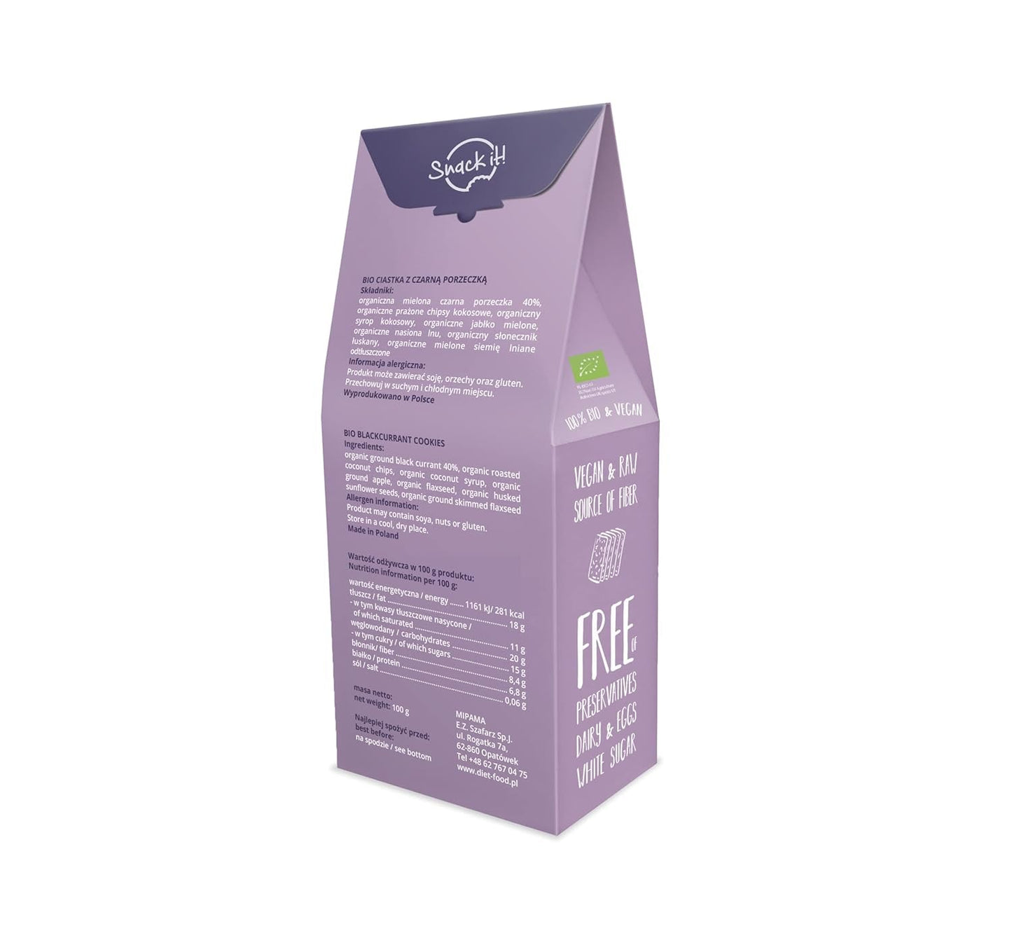 DIETNÍ JÍDLO RAW Bio sušenky z černého rybízu Zdravá svačina Vynikající kancelářské sušenky Bez konzervantů 100 g (1 balení)