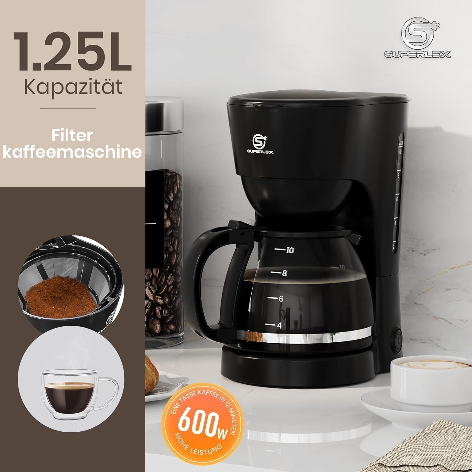 Filtrační kávovar 1,25 l na 10 šálků filtrované kávy, skleněná karafa vhodná do myčky, termoska, systém proti odkapávání, automatické vypínání, 600 W, ochrana proti varu bez vody pro domácnost a kancelář