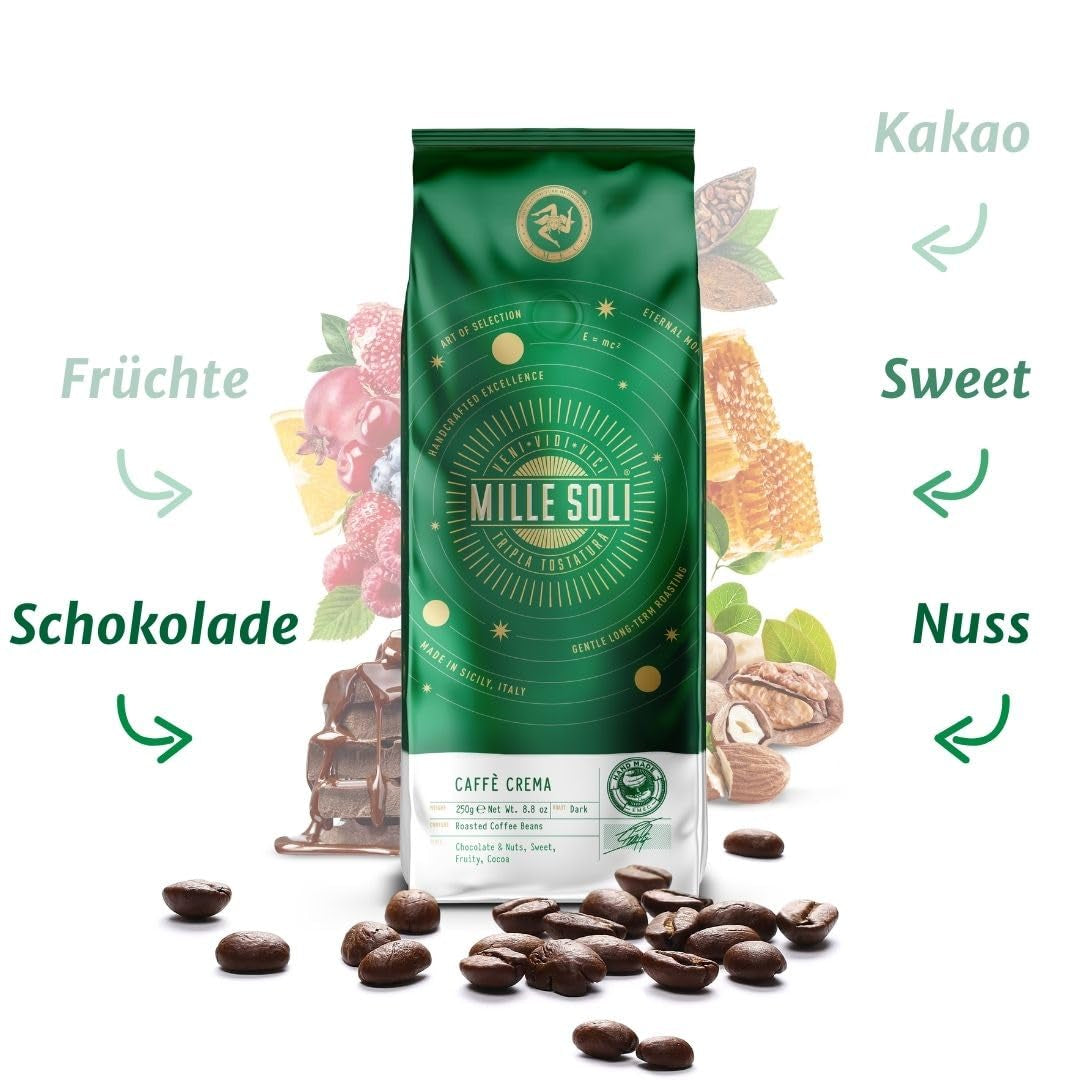 Caffè Crema - Kávová zrna pražená na Sicílii - Tradiční dlouhý proces pražení s dokonalou cremou, 250g sáček, extra nízká kyselost pro plně automatické stroje a portafiltr