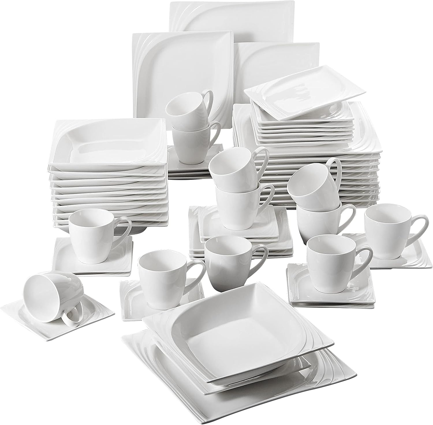 MALACASA, Série Monica, Sada nádobí pro 12 osob, Bílo-krémový porcelán, Kombinovaná obsluha s 12 kávovými šálky, 12 podšálky, 12 dezertními talíři, 12 jídelními talíři a 12 jídelními talíři