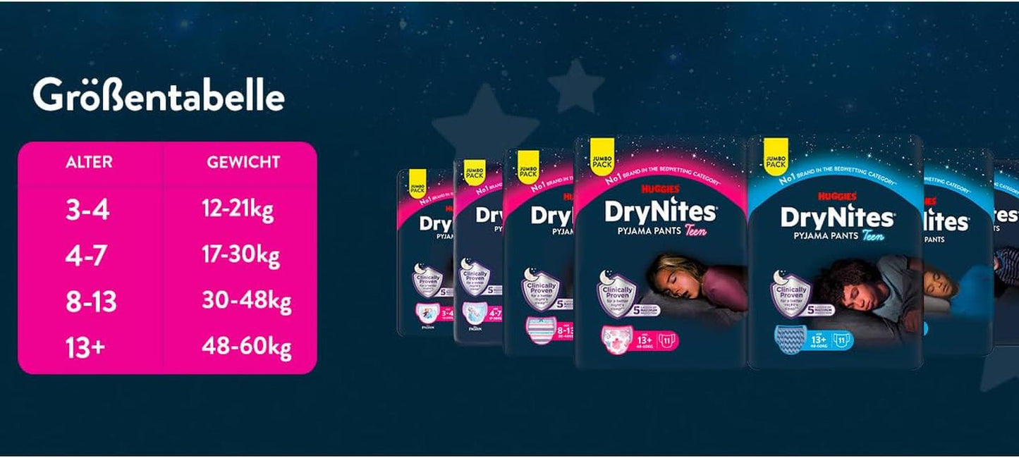 Super absorpční noční pleny Huggies DryNites pro dívky 3-4 roky (12-21 kg) 4 x 16 (celkem 64) Balíček měsíčních kalhotek