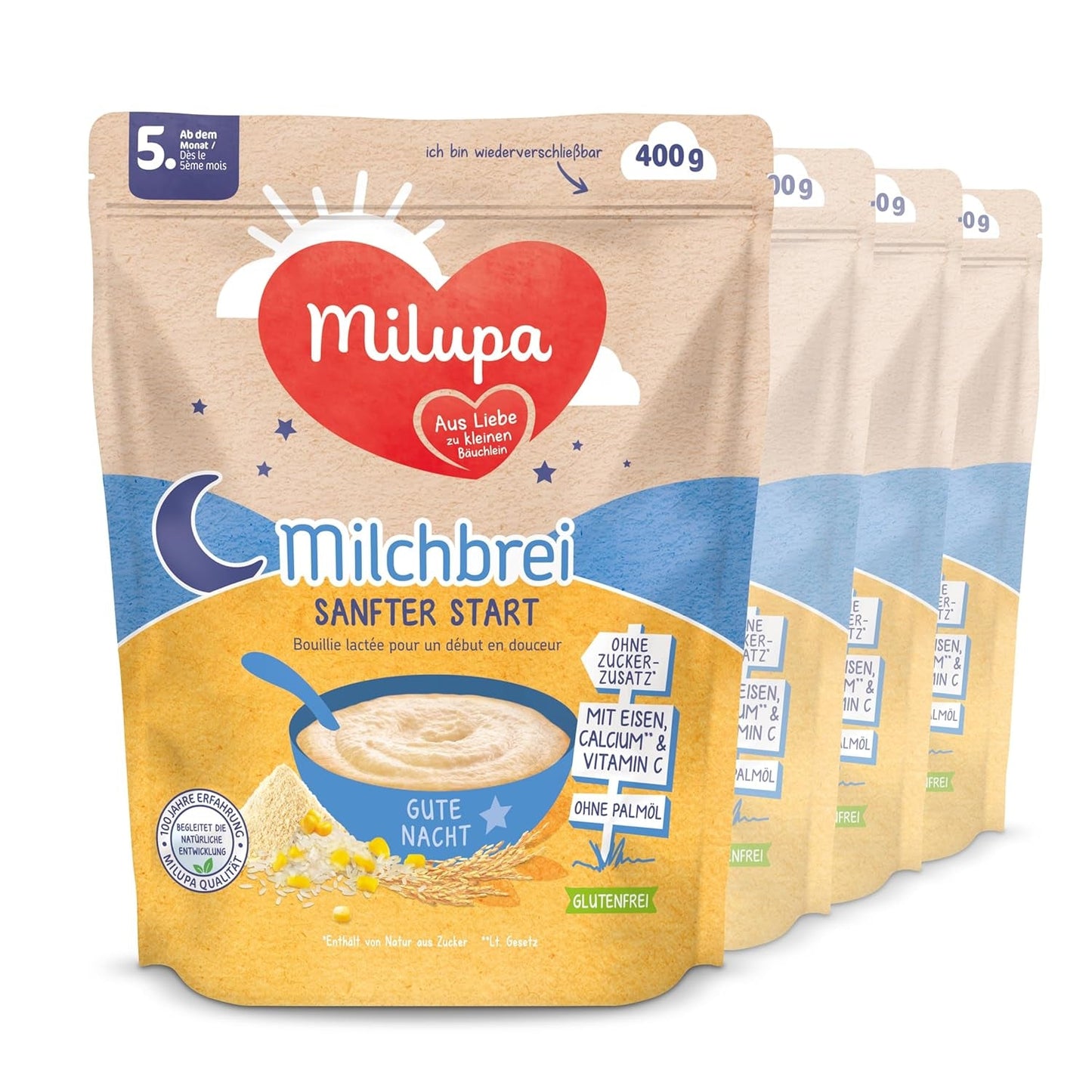 Mléčná kaše Milupa Gentle Start - Cereálie pro kojence bez lepku, bez palmového oleje - Bez konzervantů a barviv - Od 5 měsíců - 4 x 400 g