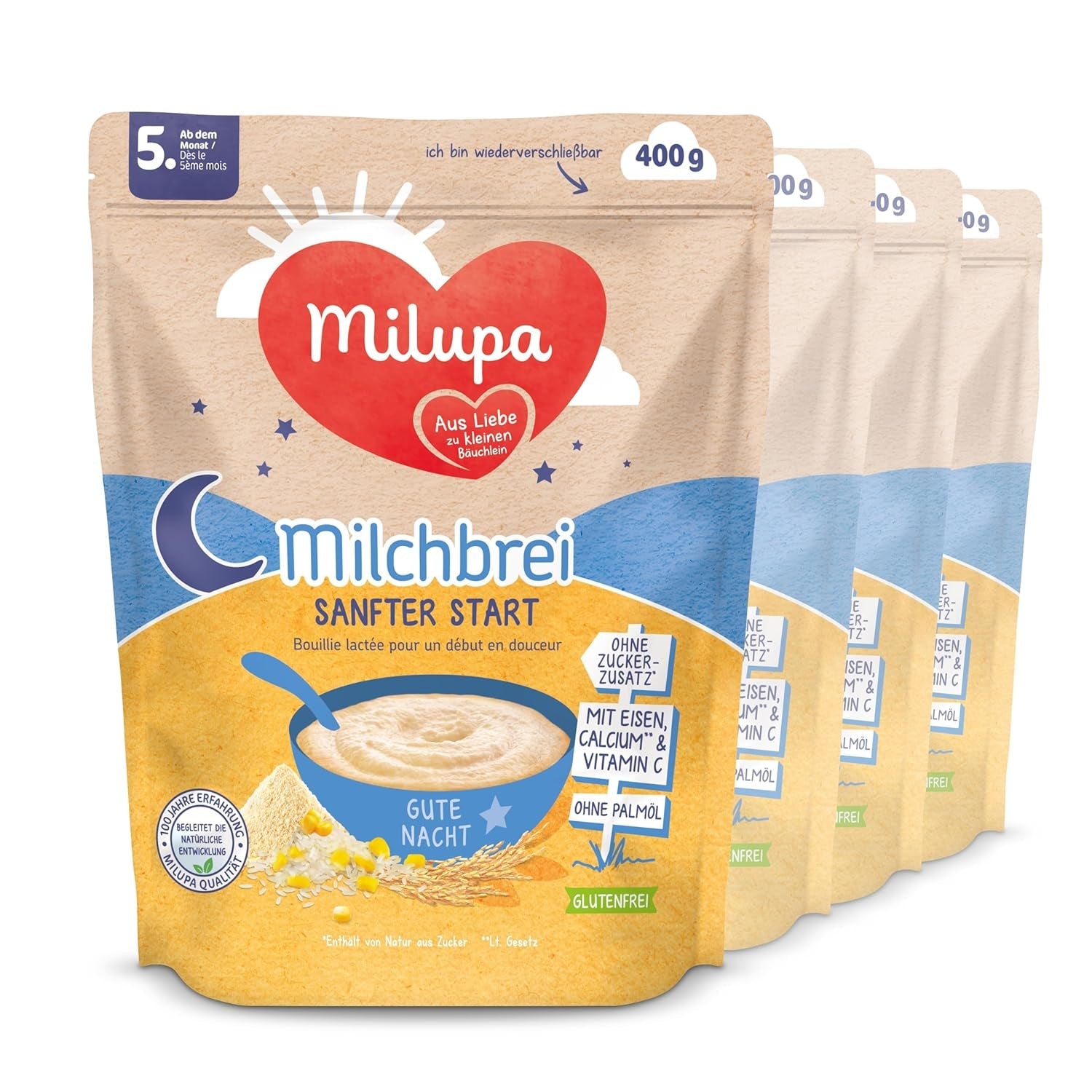 Mléčná kaše Milupa Gentle Start - Cereálie pro kojence bez lepku, bez palmového oleje - Bez konzervantů a barviv - Od 5 měsíců - 4 x 400 g