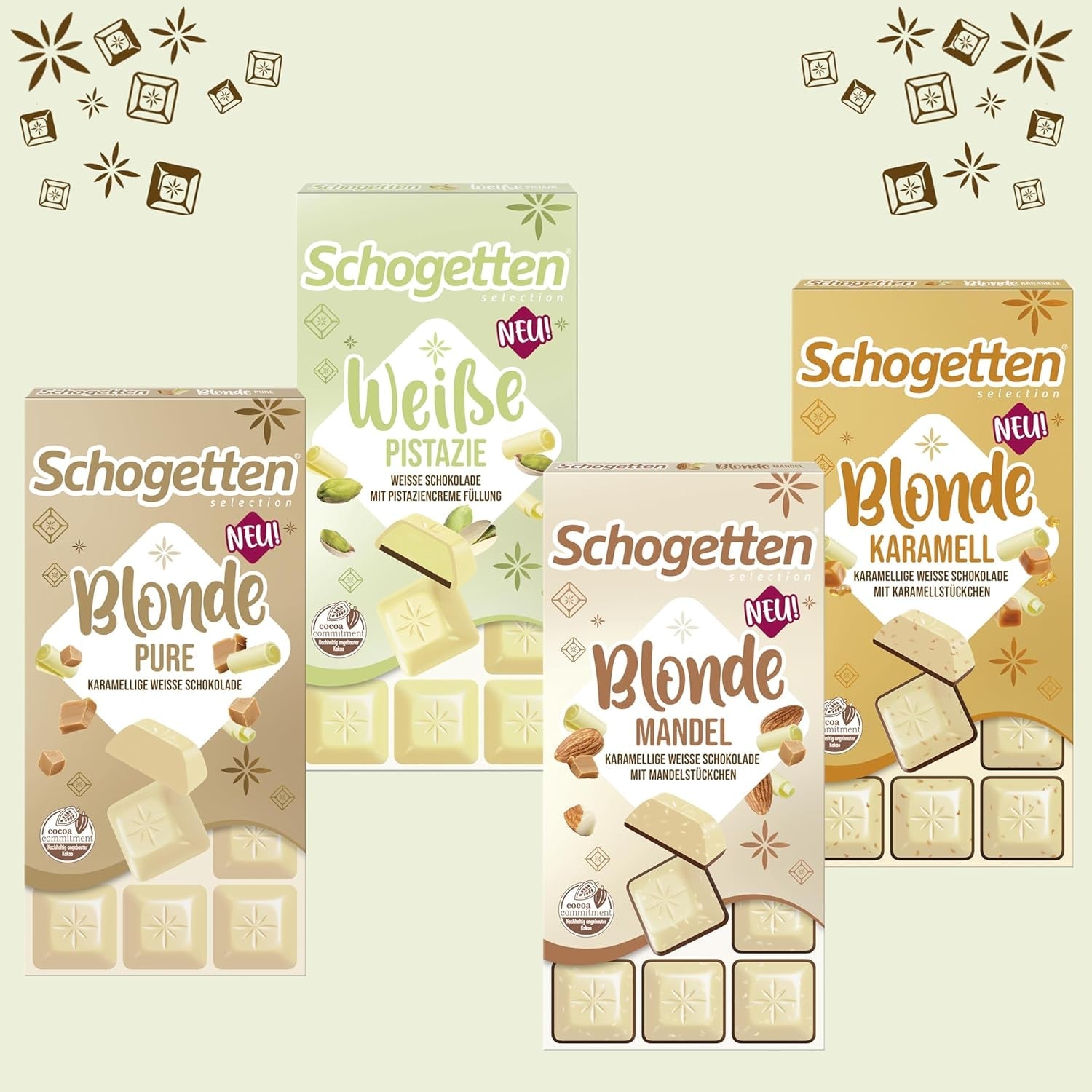 Schogetten bílé pistácie | Bílá čokoláda s pistáciovou krémovou náplní | 100 g | Pohodlně porcované (balení po 3 kusech)