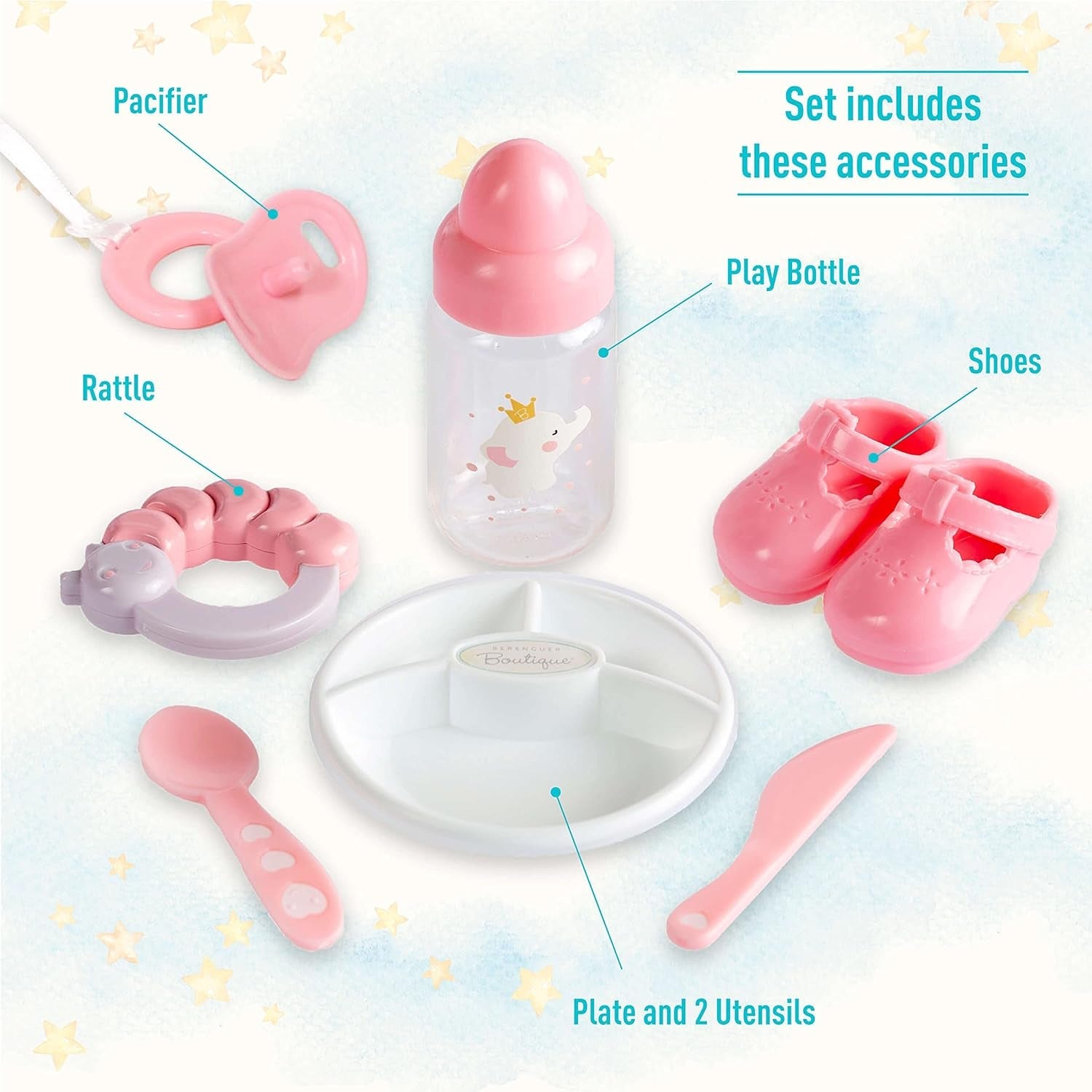 JC Toys – Berenguer Boutique 38cm měkká, realistická panenka s otevřenými/zavřenými ústy, 10dílná dárková sada, kojenecká lahvička, chrastítko, dudlík a příslušenství, růžová, věk 2+