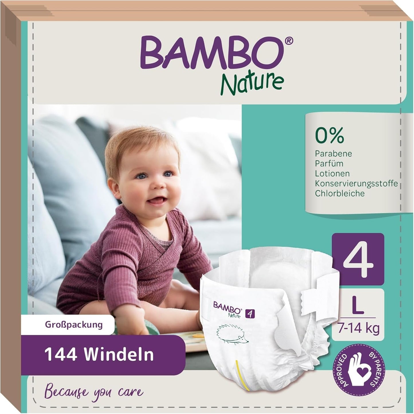 Bambo Nature plenky pro miminka, velikost 4 (7-14 kg), 144 ks, měsíční box | Prémiové plenky s vylepšenou ochranou proti protečení | Maximální pohodlí a svoboda pro aktivní děti | Dermatologicky testované plenky