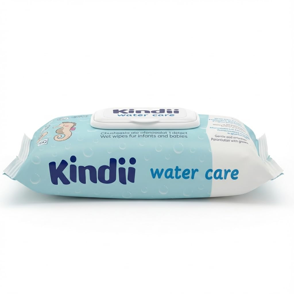 Vlhčené ubrousky Kindii Water Care - Aqua dětské ubrousky - 100% viskóza, 99,9% voda, extrakt z grapefruitu, velikost šátku 150x200, 100% biologicky odbouratelné, bez plastů, čisticí ubrousky pro citlivou pokožku