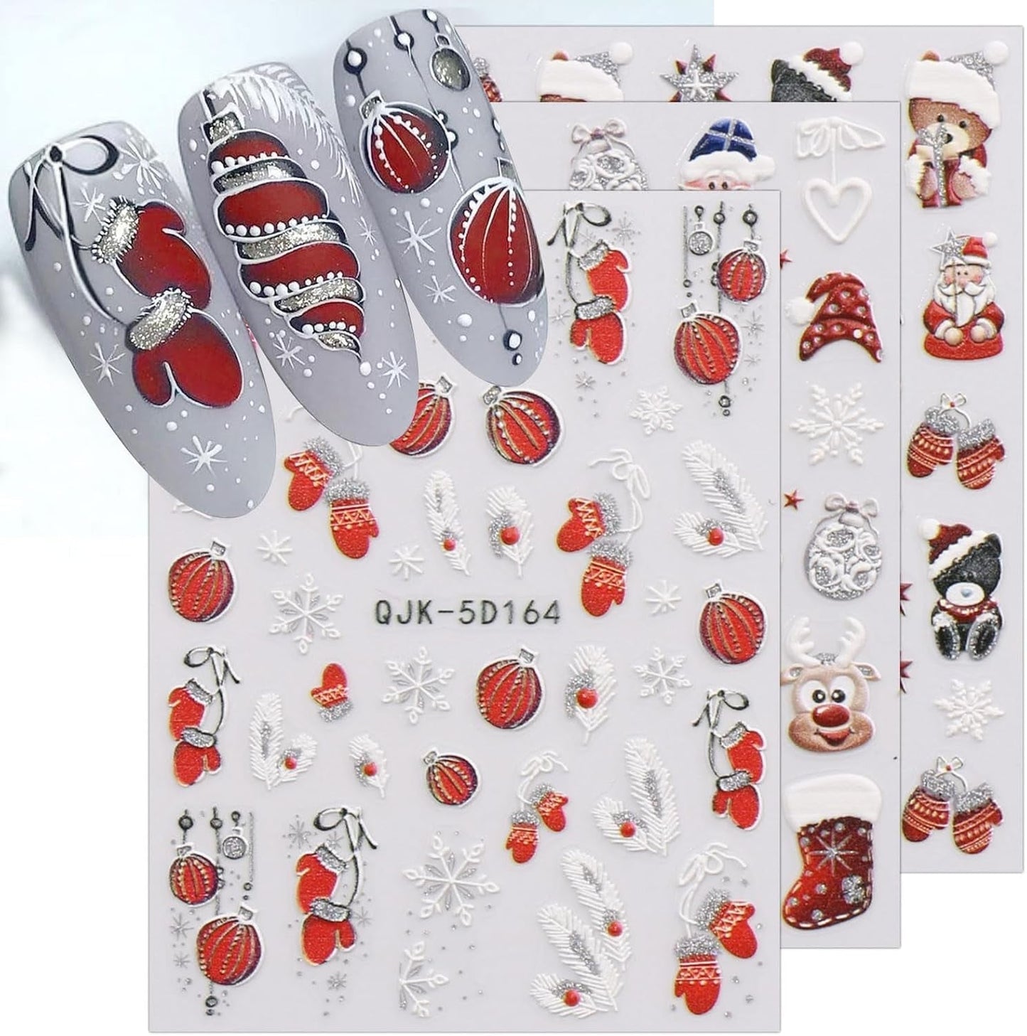 JMEOWIO 3D Nálepka na nehty Weihnachten Glitzer Nail Art Nálepka Selbstklebend Nagelaufkleber 5D Stereoskopické Schneeflocke Winterurlaub Süß Dekoration Nageldesign Zubehör 4 Blatt