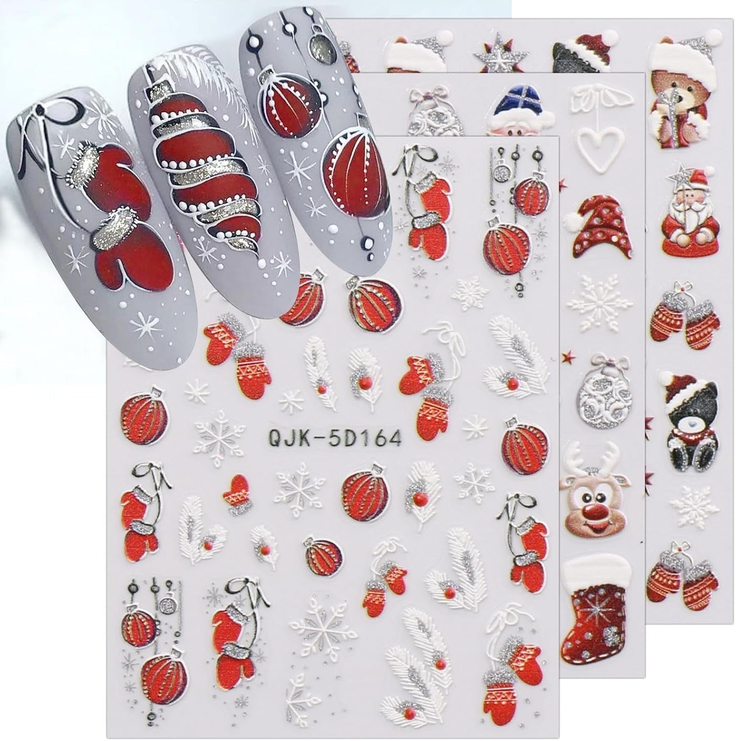 JMEOWIO 3D Nálepka na nehty Weihnachten Glitzer Nail Art Nálepka Selbstklebend Nagelaufkleber 5D Stereoskopické Schneeflocke Winterurlaub Süß Dekoration Nageldesign Zubehör 4 Blatt