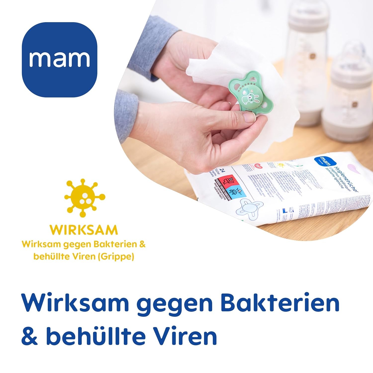 MAM hygienické ubrousky 3-balení (3 x 24 kusů), čisticí ubrousky na zdravotnické prostředky a dětské doplňky, antibakteriální a virově účinné hygienické ubrousky