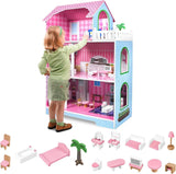 HENGMEI Puppenhaus Kinder Holz Puppenvilla Set domečku pro panenky Mädchen Spielset 3 Etagen Haus mit Möbeln und Zubehör, 70x30x100cm Puppenhäuser für Kinder (Typ B)