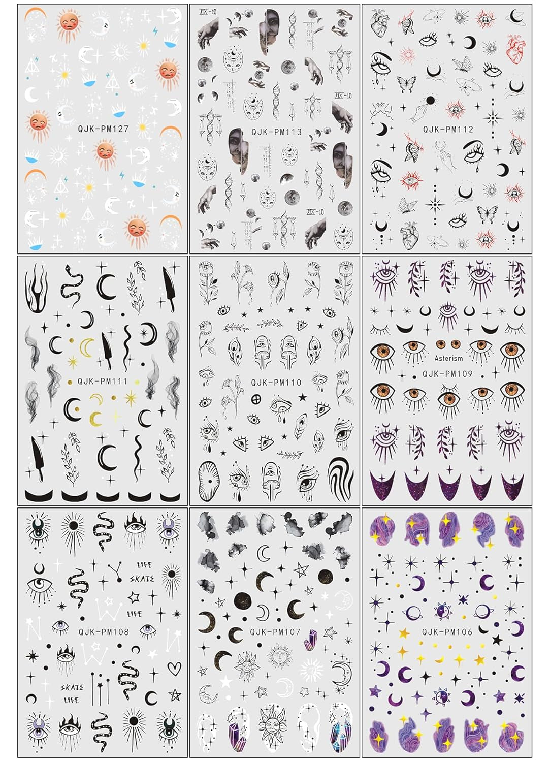 Jmeowio Nagelsticker Mond Stern Sonne 9 Blatt Nail Art Sticker Selbtklebend Nagelaufkleber Bunte Dekoration Nageldesign Zubehör