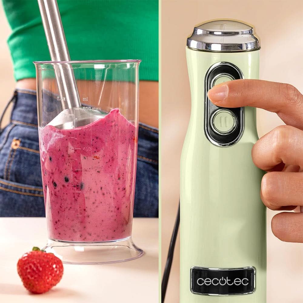Cecotec Stabmixer Power Retrogreen 1200MAX Cream&Crush, Maximalleistung 1200 W, Crossblades-Technology, 2 rychlosti, Zubehörset Spülmaschinenfest, Spritzschutzhaube Kitchen Naty Shop
