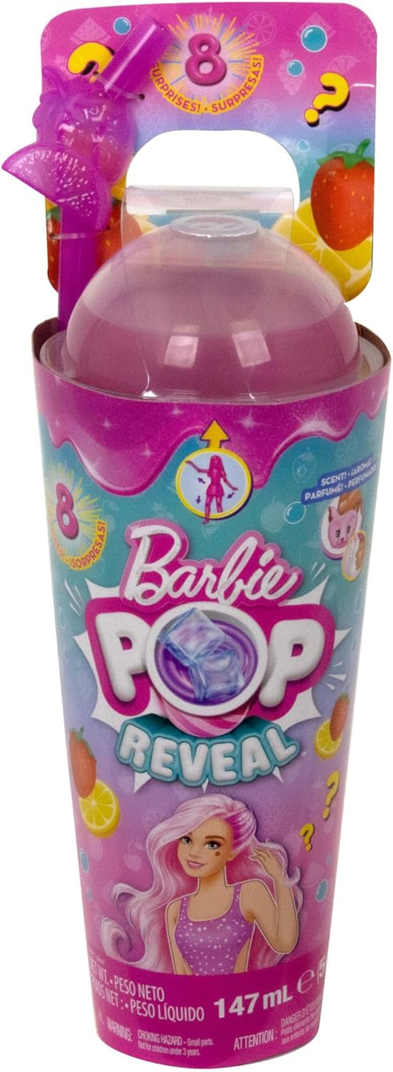 Barbie Pop Reveal Fruit - Panenky s překvapením s 8 ovocnými překvapeními, včetně polohovatelné panenky s vůní jahodové limonády a nadýchaného štěněte, věk 3+, HNW41