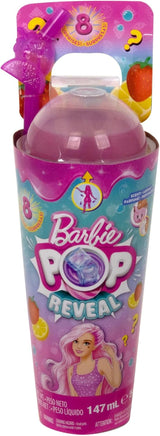 Barbie Pop Reveal Fruit - Panenky s překvapením s 8 ovocnými překvapeními, včetně polohovatelné panenky s vůní jahodové limonády a nadýchaného štěněte, věk 3+, HNW41