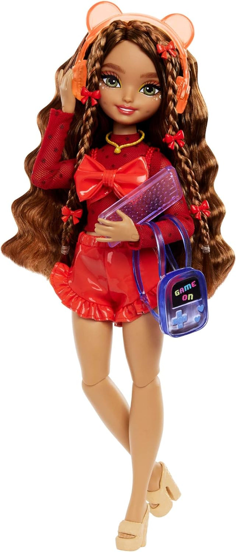 Panenka Barbie Dream Besties a doplňky, pohyblivá panenka Teresa Fashion s hnědými vlasy a sponkami, 10dílný motiv videohry, HYC23 Naty Shop Dolls Videohry