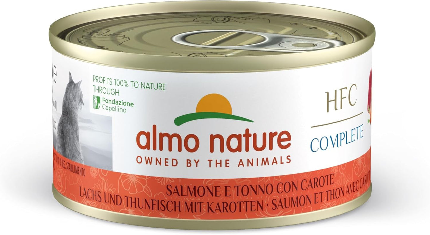 Almo Nature HFC Complete, Nassfutter für Erwachsene Katzen - Losos a tuňák s mrkví - Packung mit 1,68 kg (24 x 70 g)