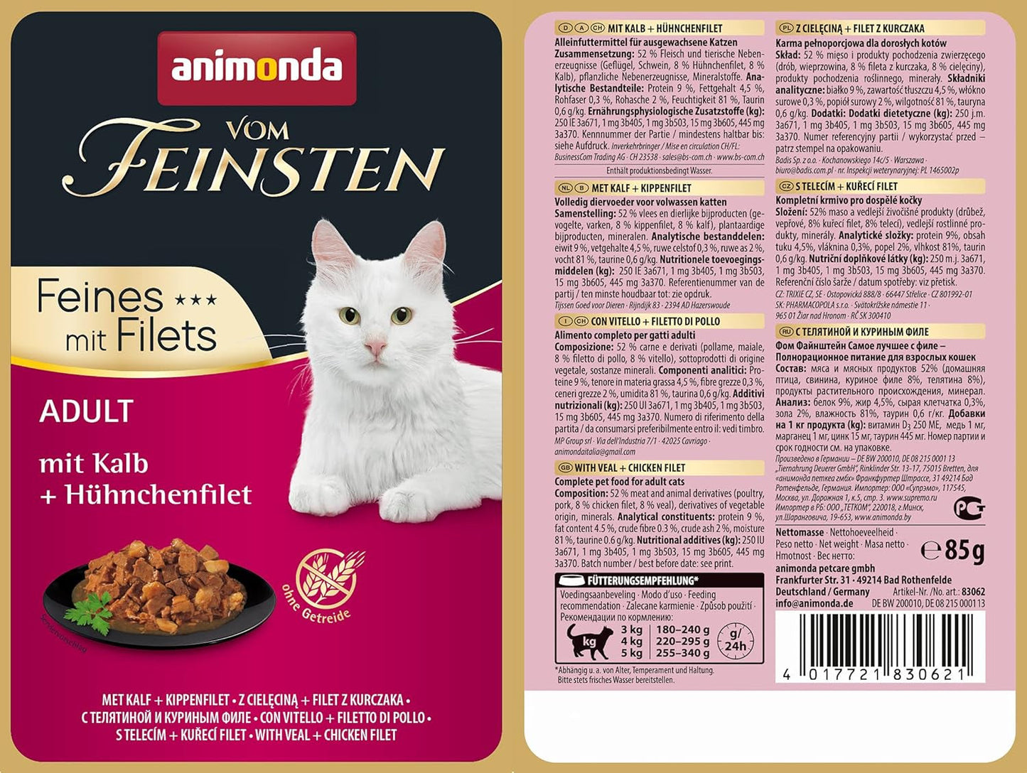 animonda vom Feinsten mit Fillets, Katzenfutter nass mit Kalb + Hühnchenfilet, 18 porcí beutel (18 x 85 g), getreidefreies Katzen Nassfutter ohne Zucker, mit fleischigen Ingredient