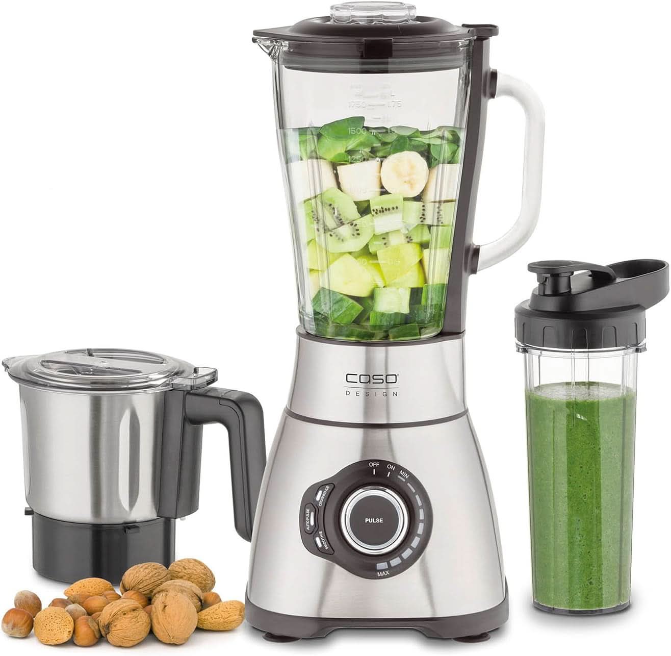 CASO B 1800 Powerblender-Set - Standmixer, 28 000 U/Min, Glasbehälter 1,75 L, Inkl. Trinkflasche Und Zerkleiner, Mixer Testsieger Mit Sehr Gut, Edelstahl Naty Shop