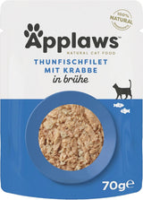 Applaws 100% přírodní Nassfutter für Katzen, Thunfischfilet mit Krabben in Brühe - Packung mit 12 x 70g Beuteln