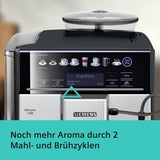 Siemens EQ.6 plus s300 automatický espresso kávovar TE653501DE, pro mnoho kávových specialit, napěňovač mléka, keramický mlýnek, dvojitá funkce kávy, proti vodnímu kameni, automatické čištění párou, 1500 W, stříbrný