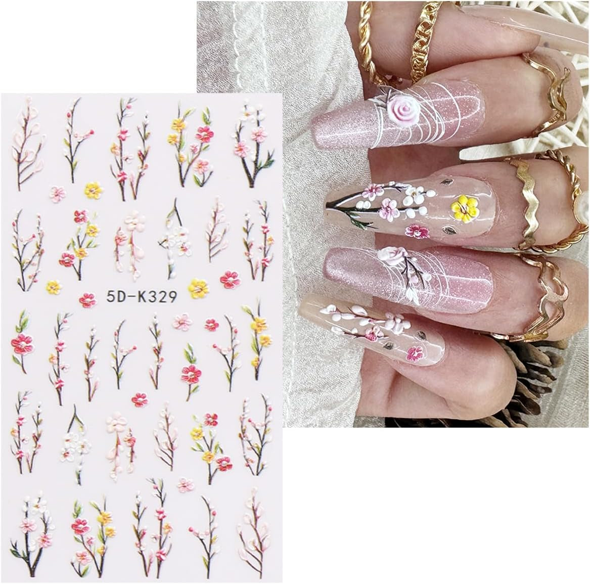 JMEOWIO 3D Nálepka na nehty Blumen Nálepka na nehty Selbstklebend Nagelaufkleber 5D Stereoskopické jarní letní dekorace Nageldesign Zubehör 4 Blatt