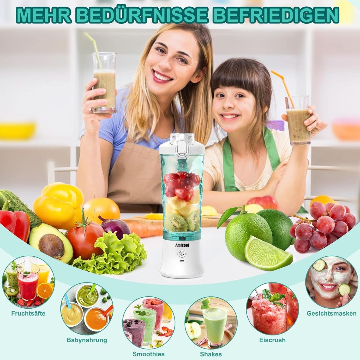 Mixér Smoothie Maker to Go, Mini Standmixer Tragbar Mit 6-Klingen Edelstahl, Enstafter Mit Reisedeckel, USB přenosný mixér Elektrisch 600 ml láhev, Mixer Shaker Slushy Maker Wasserdichter Bucatarie Naty Shop