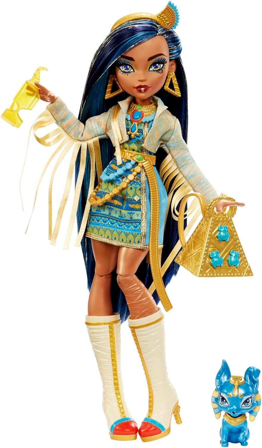 Monster High Cleo de Nile Puppe, Mummie Modepuppe, Königliches Outfit, Killerstiefel, Pyramidenrucksack, Zubehör, pro Kinder ab 4 Jahren, HHK54