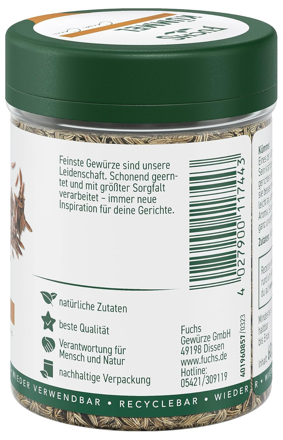Fuchs Gewürze - Kümmel ganz - kräftiges Gewürz für Kohl- und Fleischgerichte oder zu Bratkartoffeln - přírodní složka - 60 g v wiederverwendbarer, recyclebarer Dávka