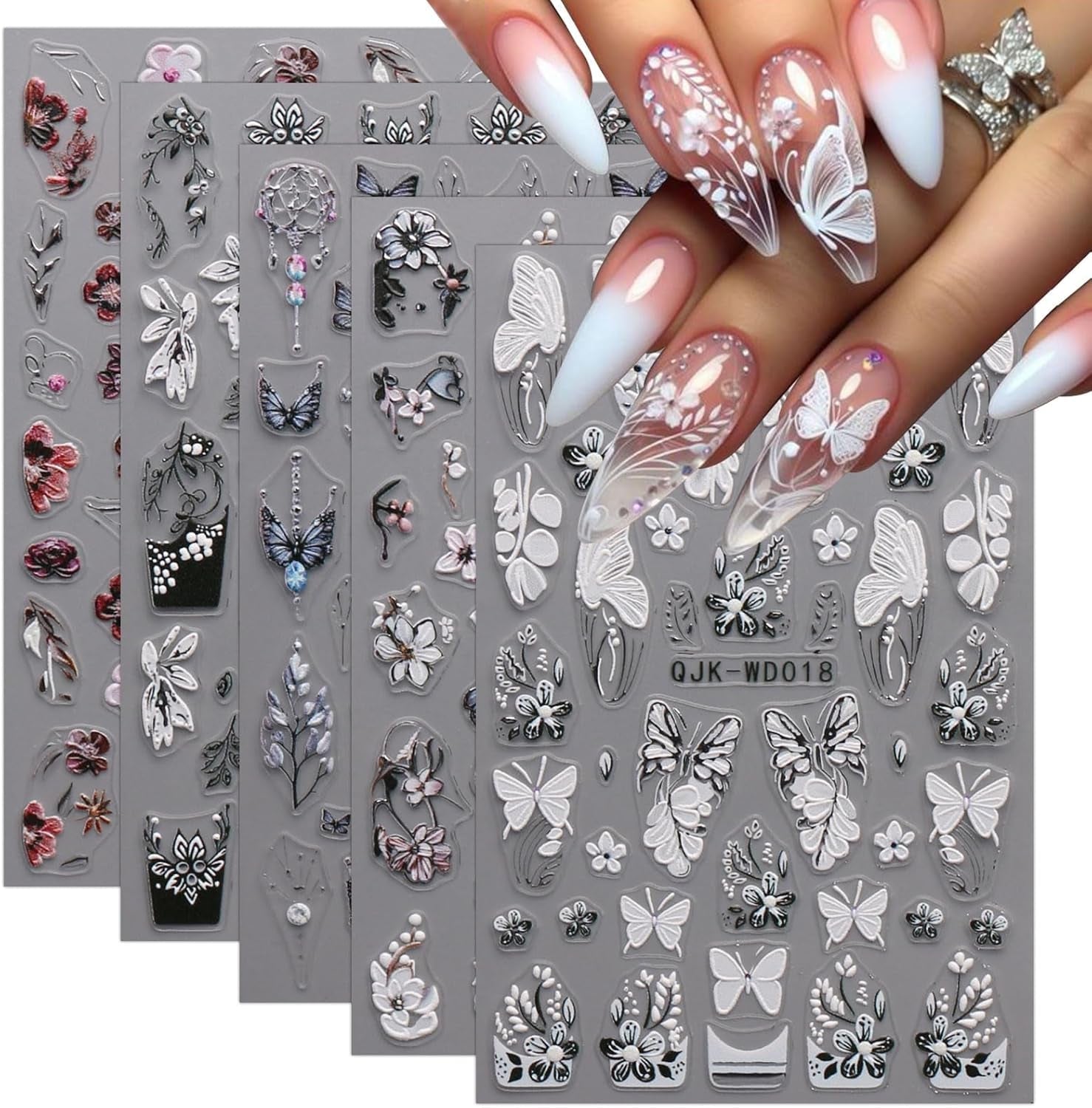 JMEOWIO Nálepka na nehty Schwarz Weiße Blume 6 Blatt Nálepka na nehty Selbtklebend Nagelaufkleber Frühling Letní květinová dekorace Nageldesign Zubehör