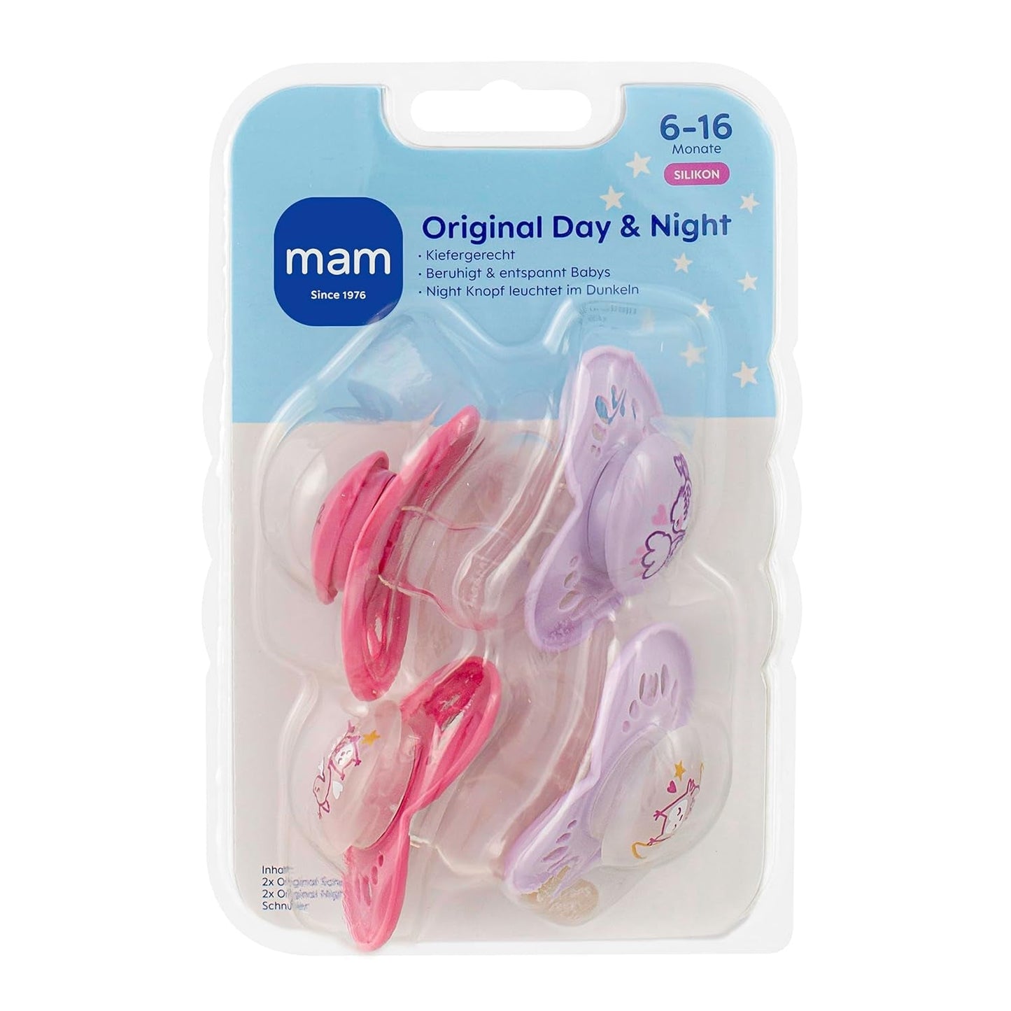 Originální matné dudlíky MAM Day & Night | 6-16 měsíců | Sada dudlíků | Přijetí 94 % | Pomáhá předcházet nežádoucímu zarovnání zubů | Vyvinuto ve spolupráci se zubními lékaři Silicone SkinSoft | Vzor pták/sova | Balení po 4 kusech