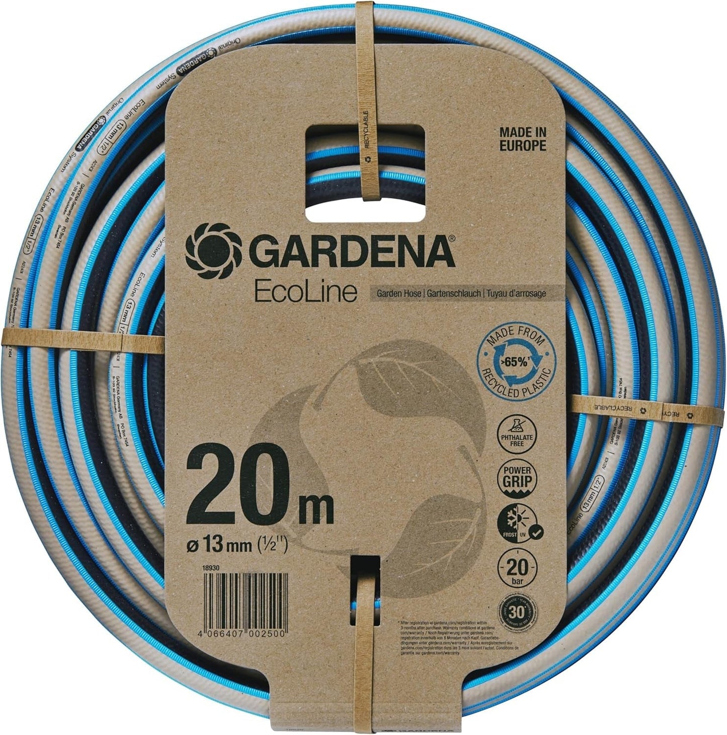 Hadice Gardena EcoLine 1/2 palce, 20 m bez systémových součástí: Udržitelná zahradní hadice vyrobená z recyklovaného plastu, bez ftalátů a škodlivin, funkce silného uchopení, odolná proti mrazu a UV záření (18930-20)
