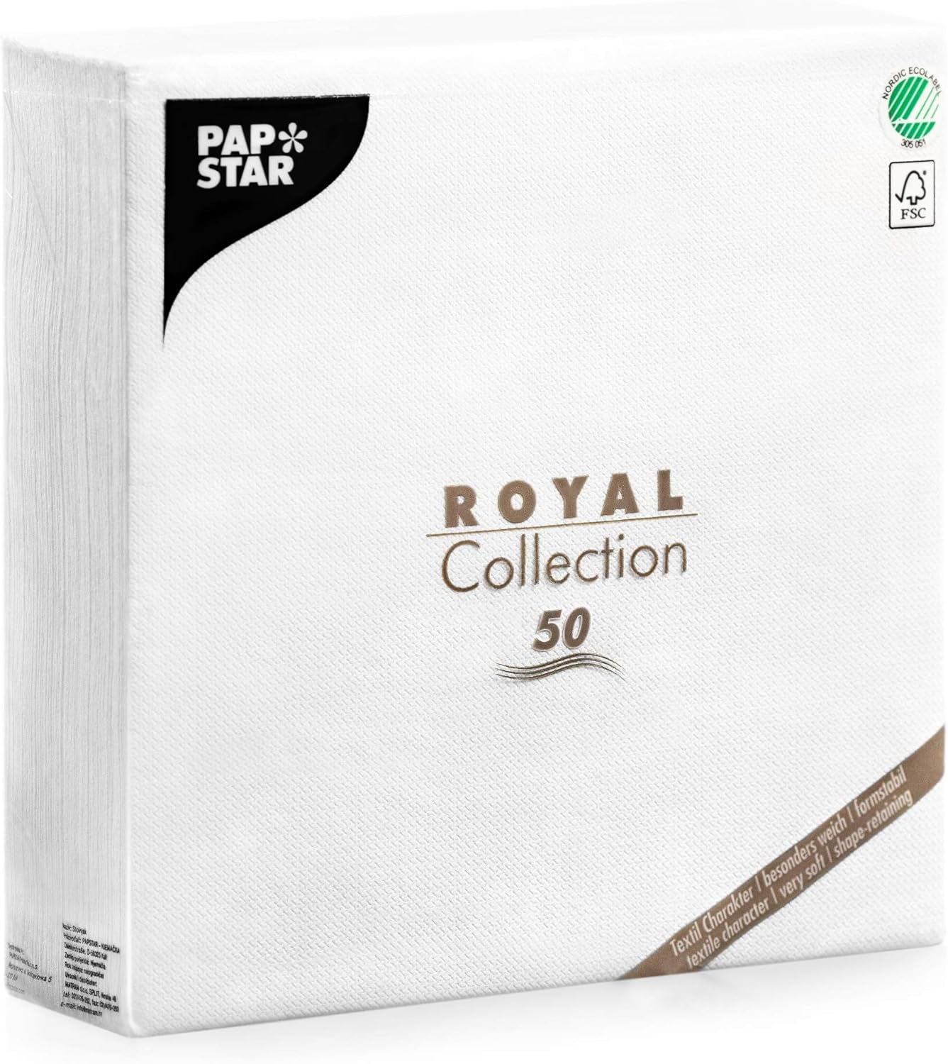Papstar, 50 ubrousků "ROYAL Collection" 1/4-násobek 48 cm x 48 cm bílá, #11577
