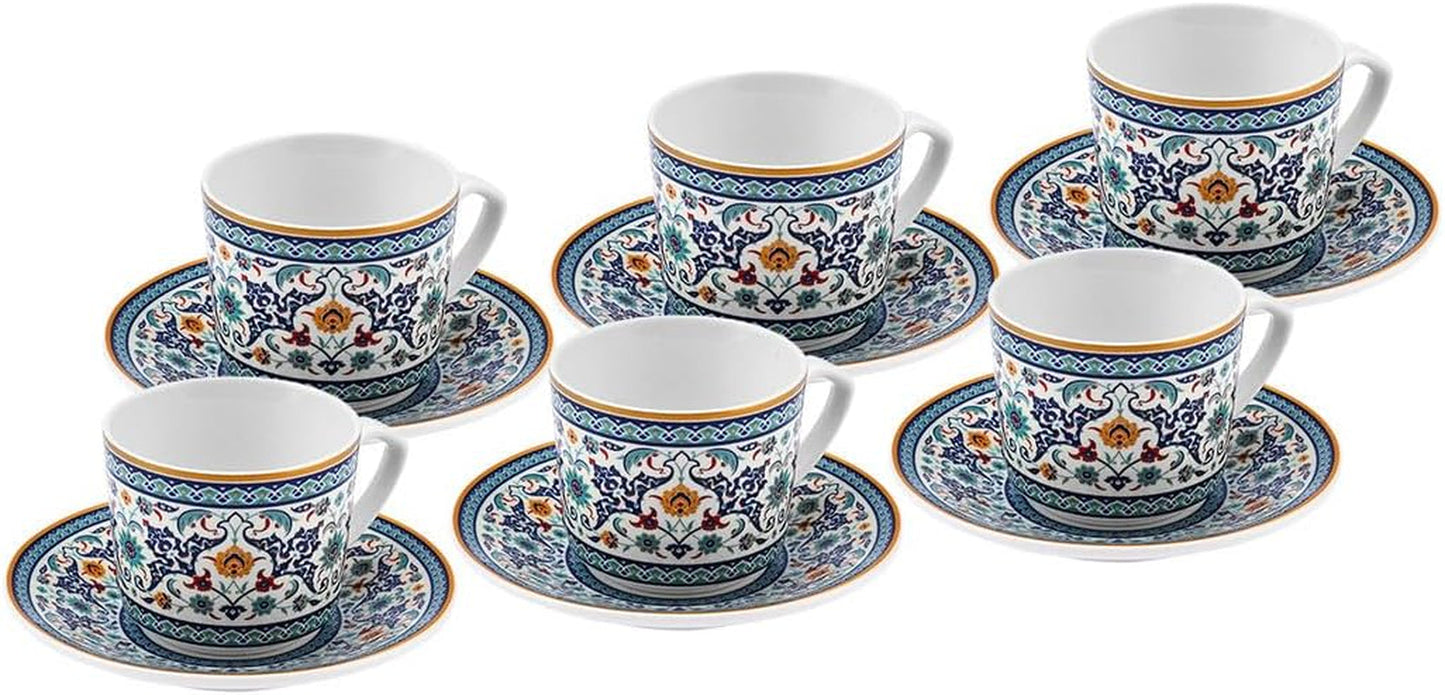 KARACA Beylerbeyi - 12dílná sada tureckých šálků na kávu Porcelánový šálek na espresso Sada 6 ks s podšálky Sada šálků na espresso 80 ml Tradiční design - modrá