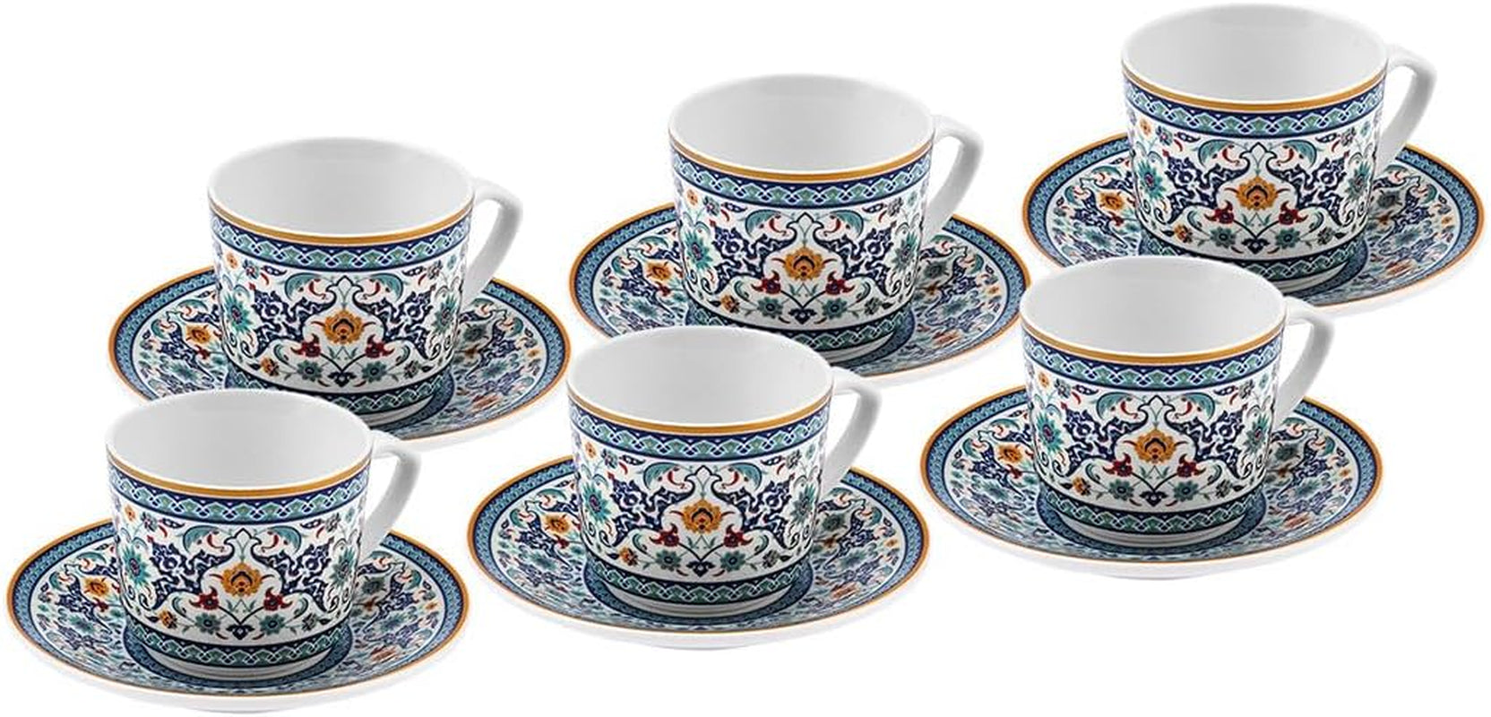KARACA Beylerbeyi - 12dílná sada tureckých šálků na kávu Porcelánový šálek na espresso Sada 6 ks s podšálky Sada šálků na espresso 80 ml Tradiční design - modrá