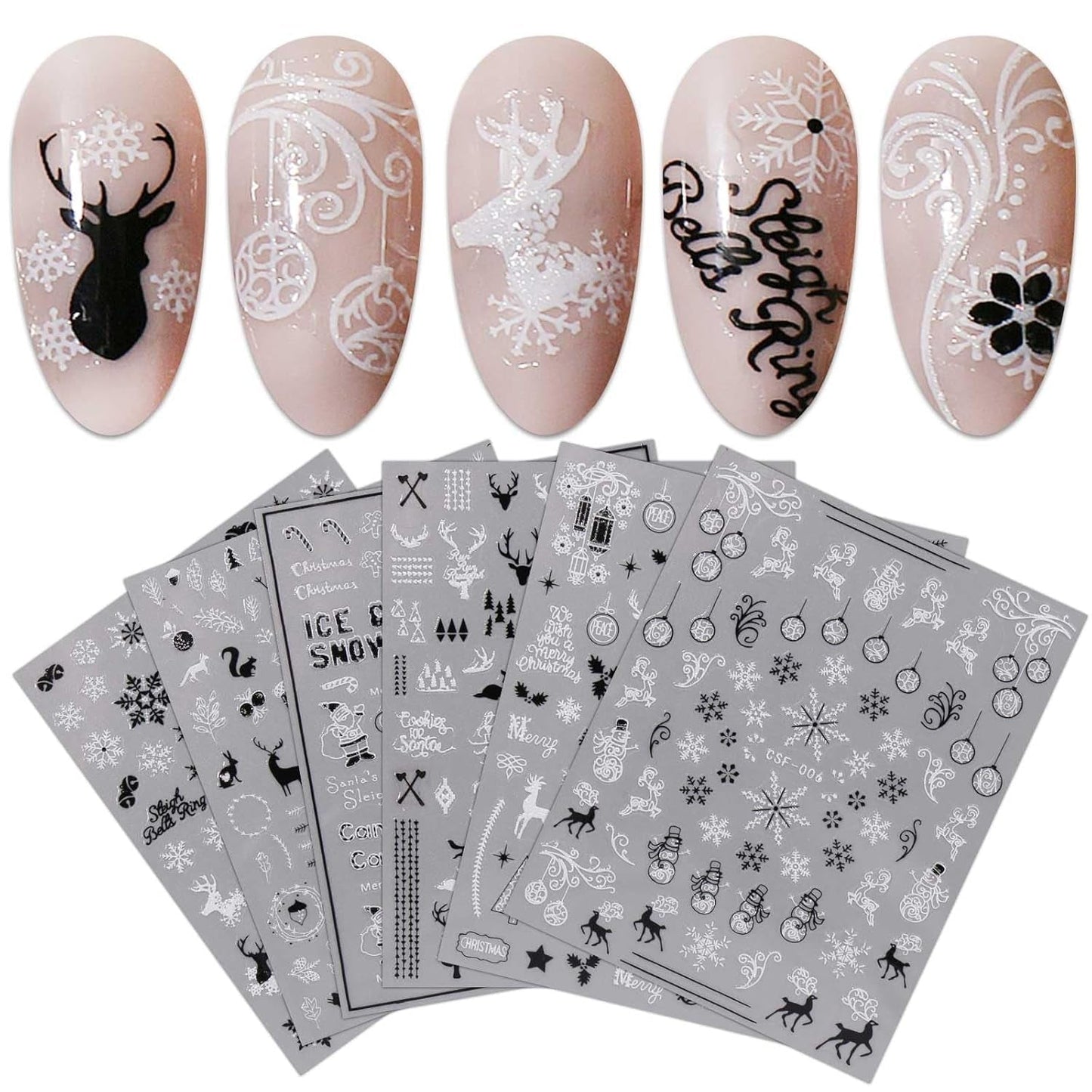 JMEOWIO Nagelsticker Weihnachten 9 Blatt Nail Art Sticker Selbtklebend Nagelaufkleber Schneeflocke Schneemann Festival Weißes Zlatá dekorace Nageldesign Zubehör