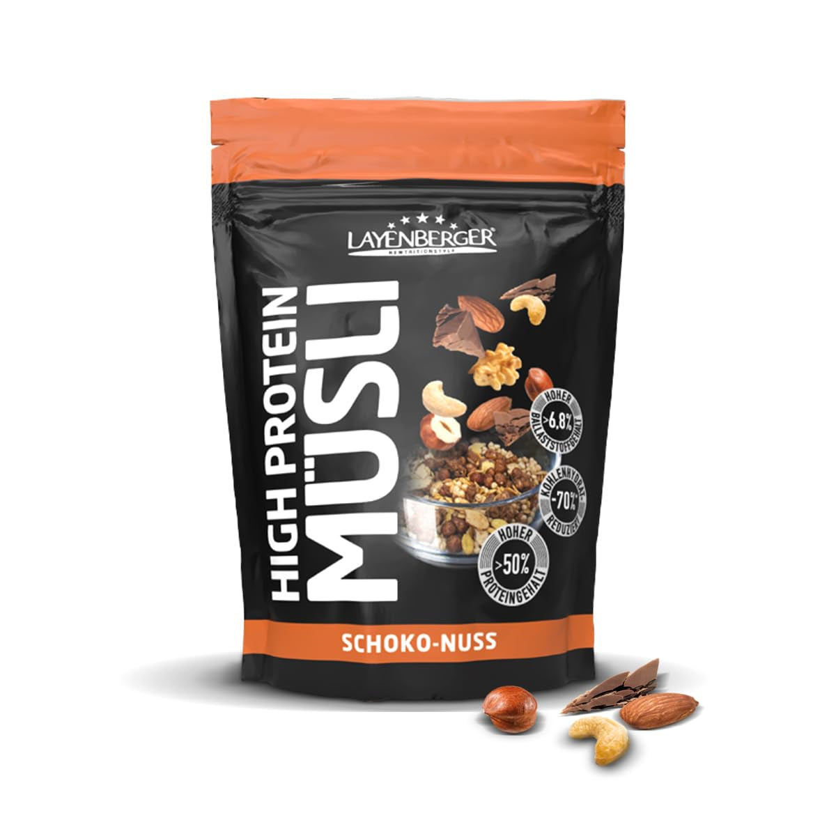 Layenberger 3K High Protein Müsli, 50% Eiweiß a 18% Kohlenhydrate - Jedno balení (1X 390 G) - Schoko-Nuss Cereale Naty Shop 390 G (1Er Pack) Schoko-Nuss