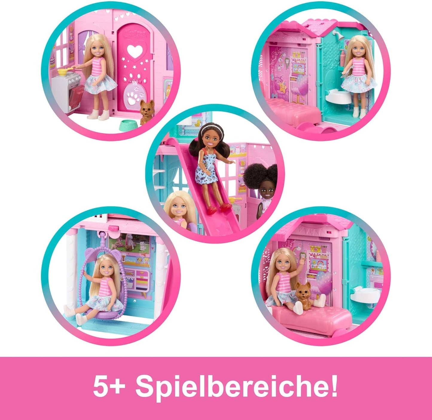 Barbie Chelsea domeček pro panenky s 15+ doplňky, vyskakovací domeček se zvětší na více než 42 x 33 cm s 5 hracími plochami a skluzavkou, s malou panenkou a psem, JFW49
