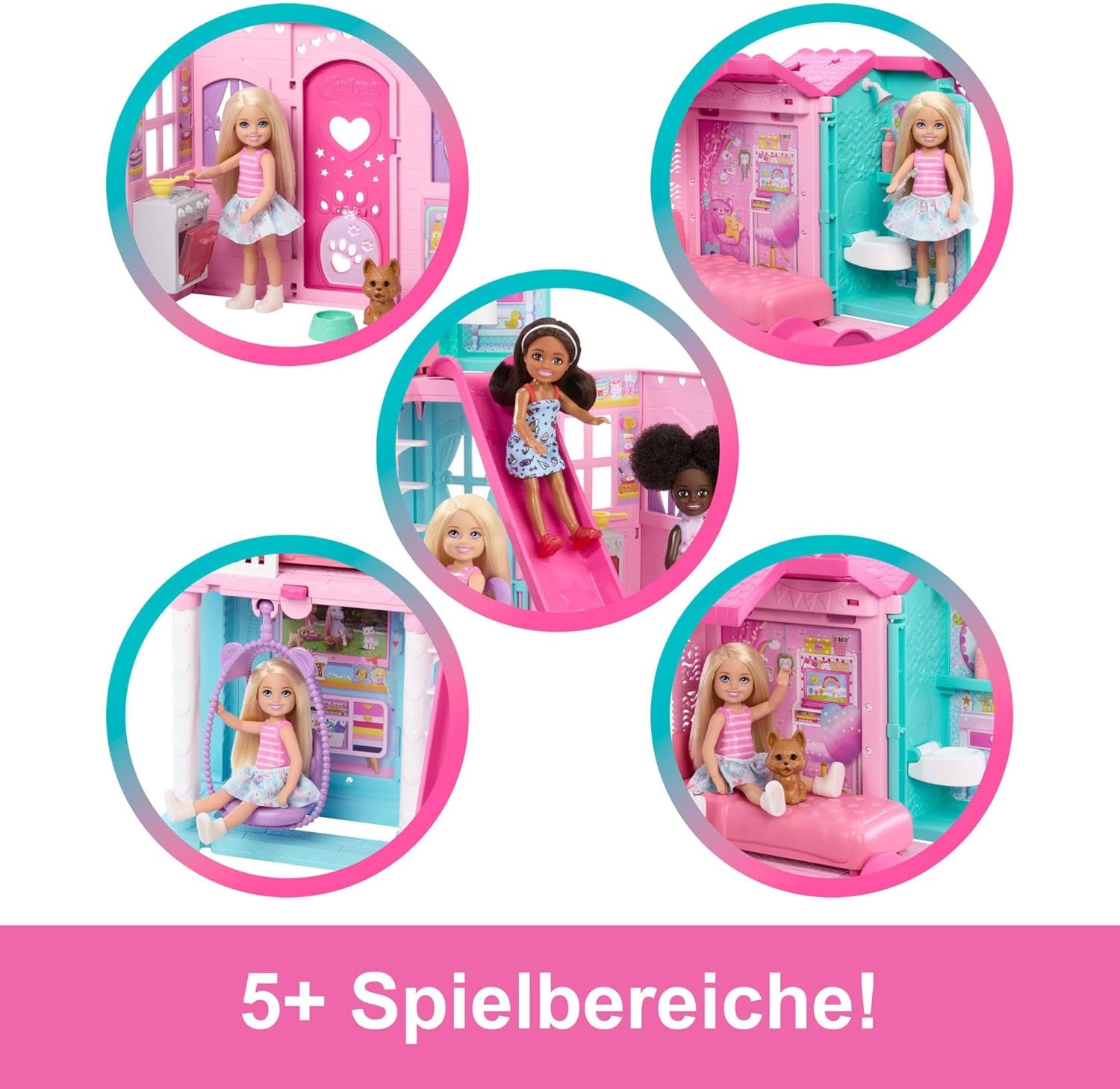 Barbie Chelsea domeček pro panenky s 15+ doplňky, vyskakovací domeček se zvětší na více než 42 x 33 cm s 5 hracími plochami a skluzavkou, s malou panenkou a psem, JFW49